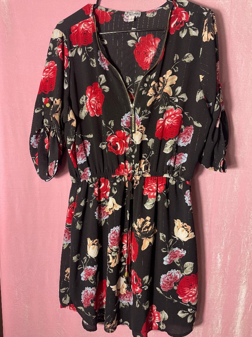 Wms Sz.L Black floral femme semi-sheer dress/tunic with mid-length sleeve, zips